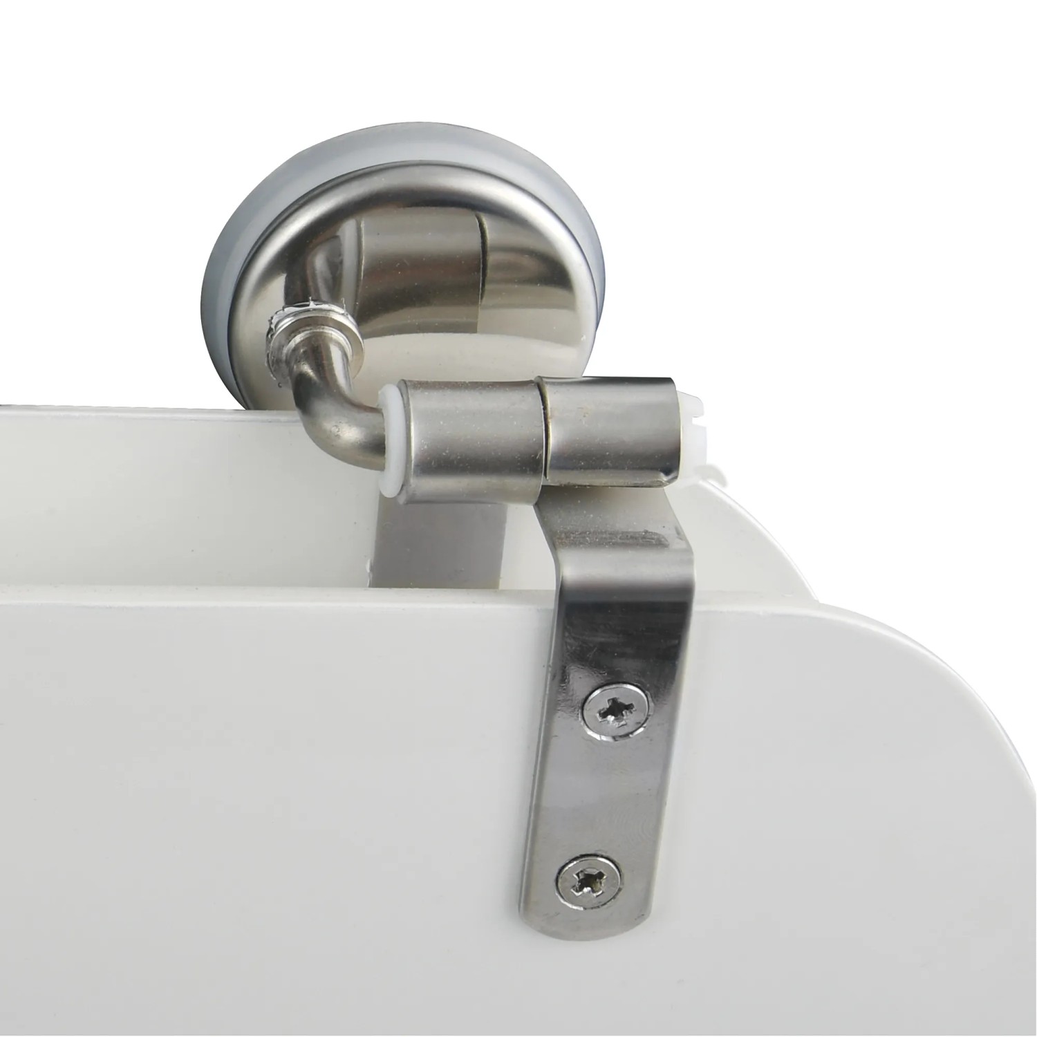 Detailaufnahme: Weißer MSV WC-Sitz Cleo mit Edelstahl-Scharnier.