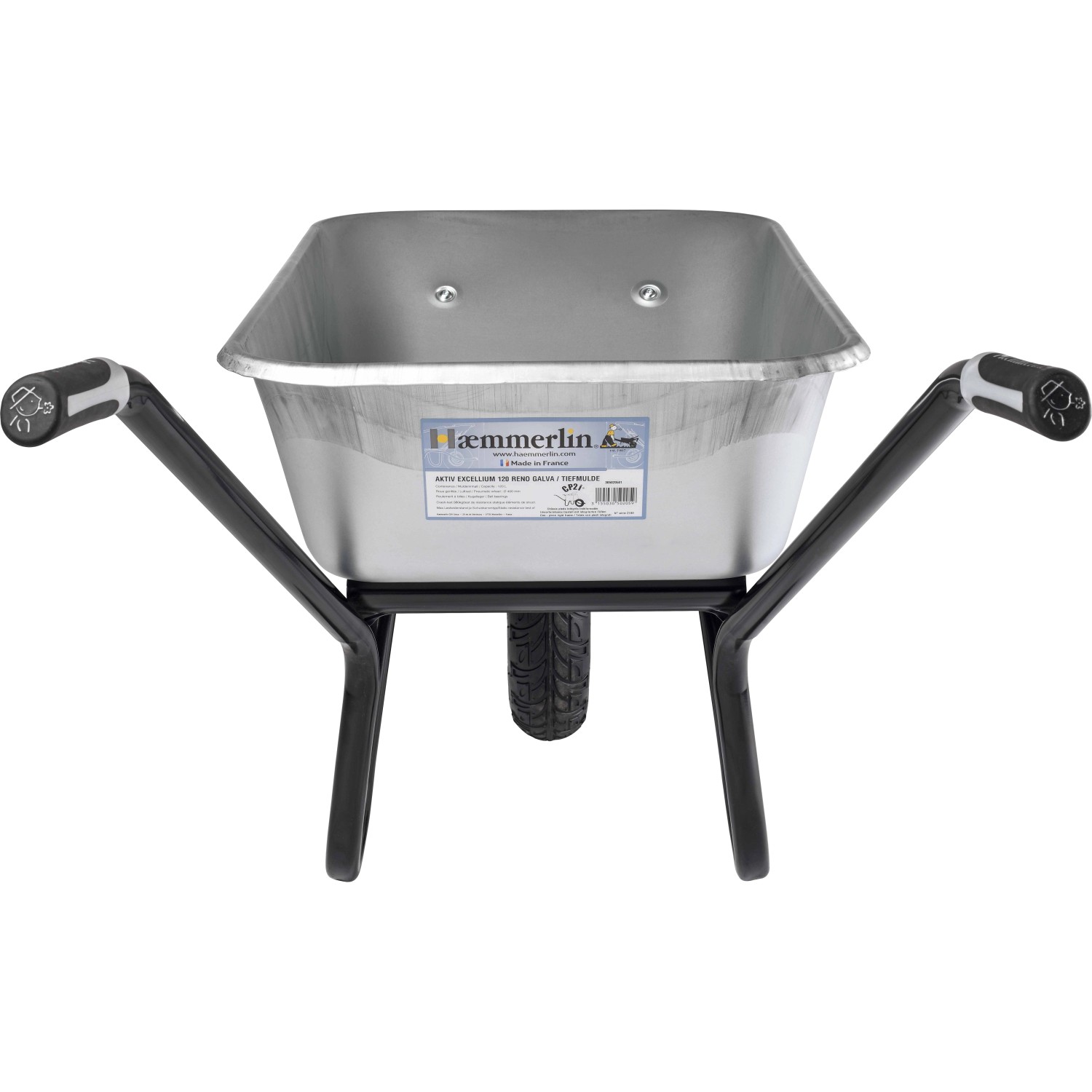 Haemmerlin Einrad-Schubkarre, 120 l, verzinkte Mulde, ideal für Bau und Garten.