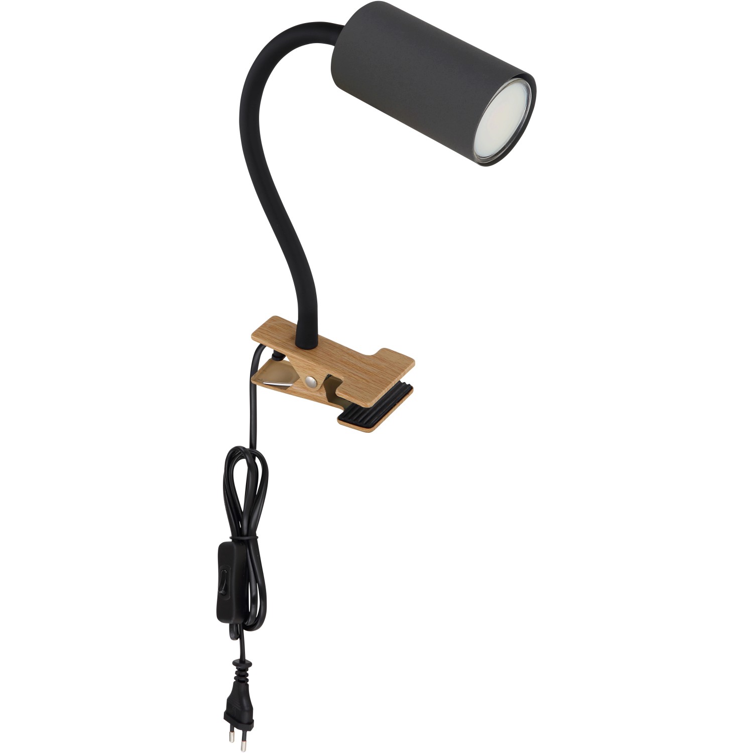 Globo Klemmleuchte Robby, graphit dunkel, mit Flexarm und Holz-Klemme. Praktische Leselampe.