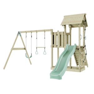Holz-Spieltürm mit mintgrüner Rutsche, Schaukel und Trapezstange PolarPlay Uppsala.
