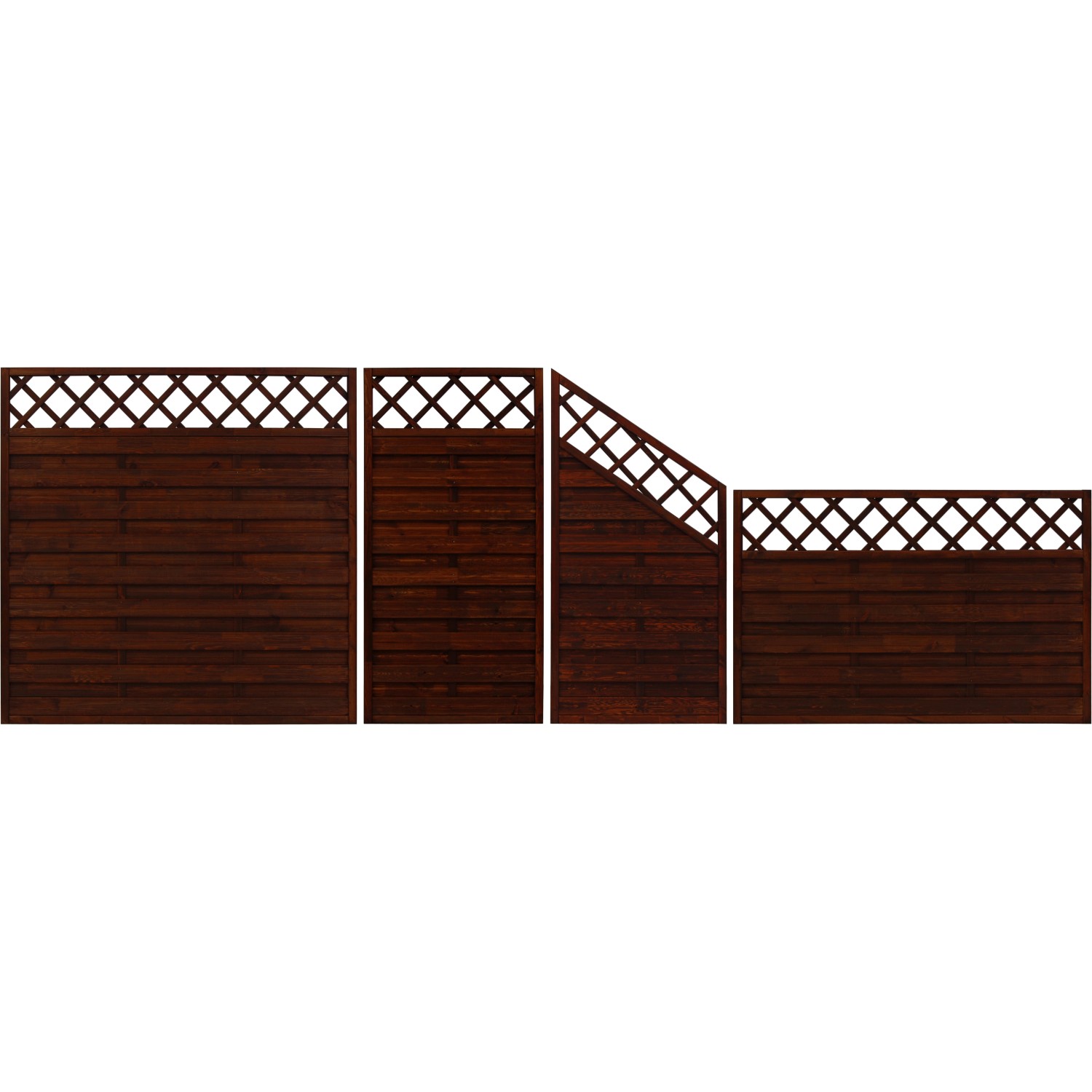 Verschiedene braune Sichtschutzzaun-Elemente der Serie Country mit Lattenzaun-Abschluss.