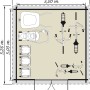Grundriss Kiehn-Holz Gartenhaus KH 28-047 Unberührt, 300x300cm, mit Gartengeräten und Fahrrädern.