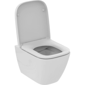 Ideal Standard Wand-WC-Set i.life S, spülrandlos, weiß, mit offenem WC-Deckel.