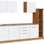 Moderne Küchenzeile (330 cm) in Weiß-Wotaneiche ohne E-Geräte. Einbauküche mit viel Stauraum.