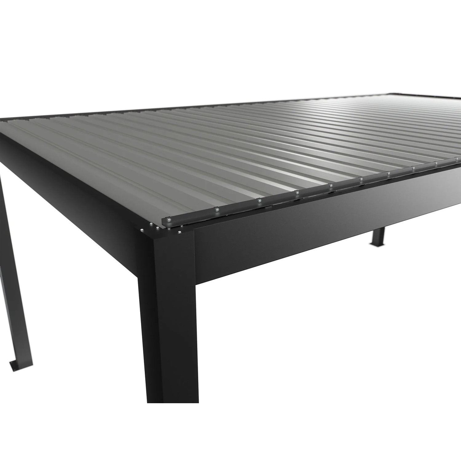 Biohort Pergola 6x3,5m in Dunkelgrau-Silber, Detailansicht der Lamellen und Rahmen. Terrassenüberdachung.