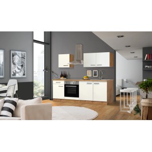 Flex-Well Küchenzeile Vintea 210 cm, Magnolia/Lancelot Oak, mit Herd, Spüle und Dunstabzugshaube.