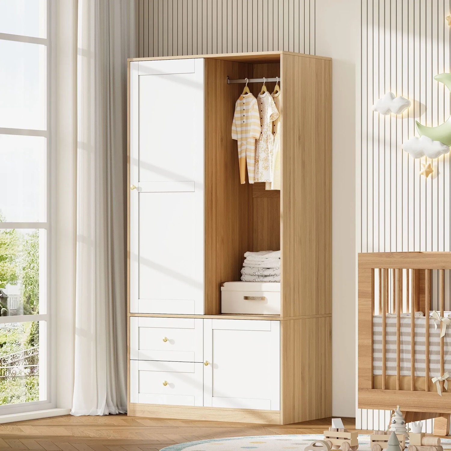 okwish Kleiderschrank mit Schiebetüren Stange Schubladen Schlafzimmer 80x46x141 cm Weiß kaufen bei OBI