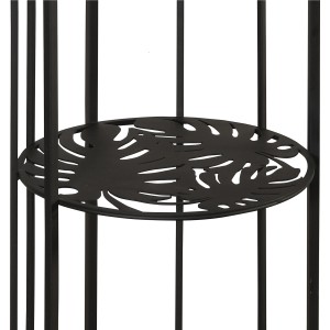 Detailaufnahme: Anthrazitfarbenes Pflanzenregal Monstera mit Rankgitter aus Metall.