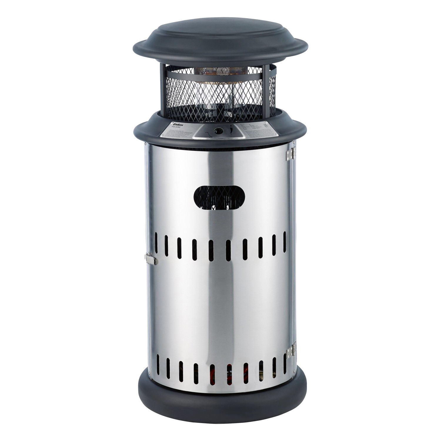 Enders Gas-Terrassenfeuer Vulano Edelstahl Schwarz. Heizstrahler mit Feuerlanze und Rollen.
