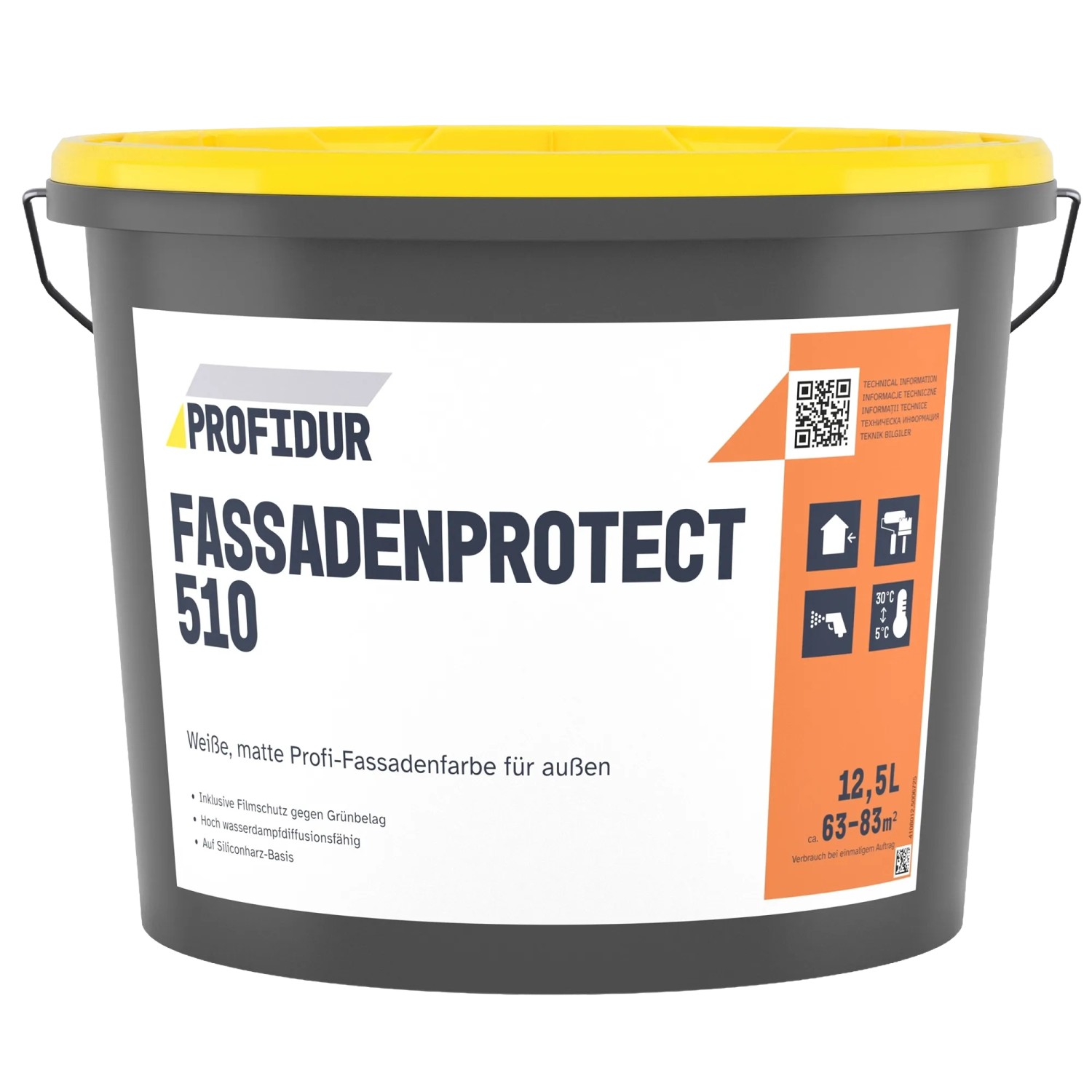 Eimer Profidur Fassadenprotect 510, weiße Fassadenfarbe für Außen, 12,5 l.