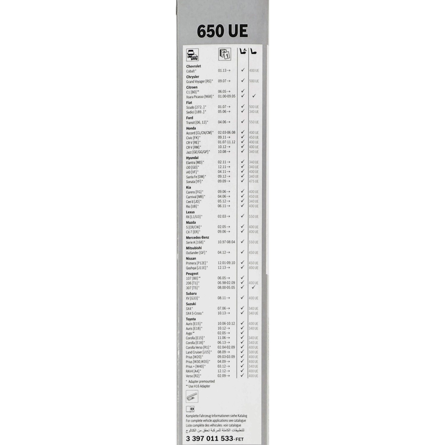 BOSCH Wischblatt ClassicWiper 650UE, Kompatibilitätsliste auf der Verpackung.