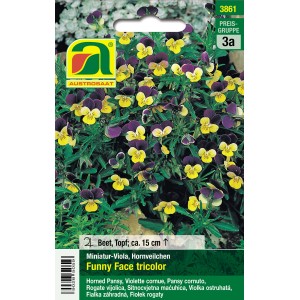 Austrosaat Hornveilchen Funny Face tricolor Saatgut mit gelb-violetten Blüten.
