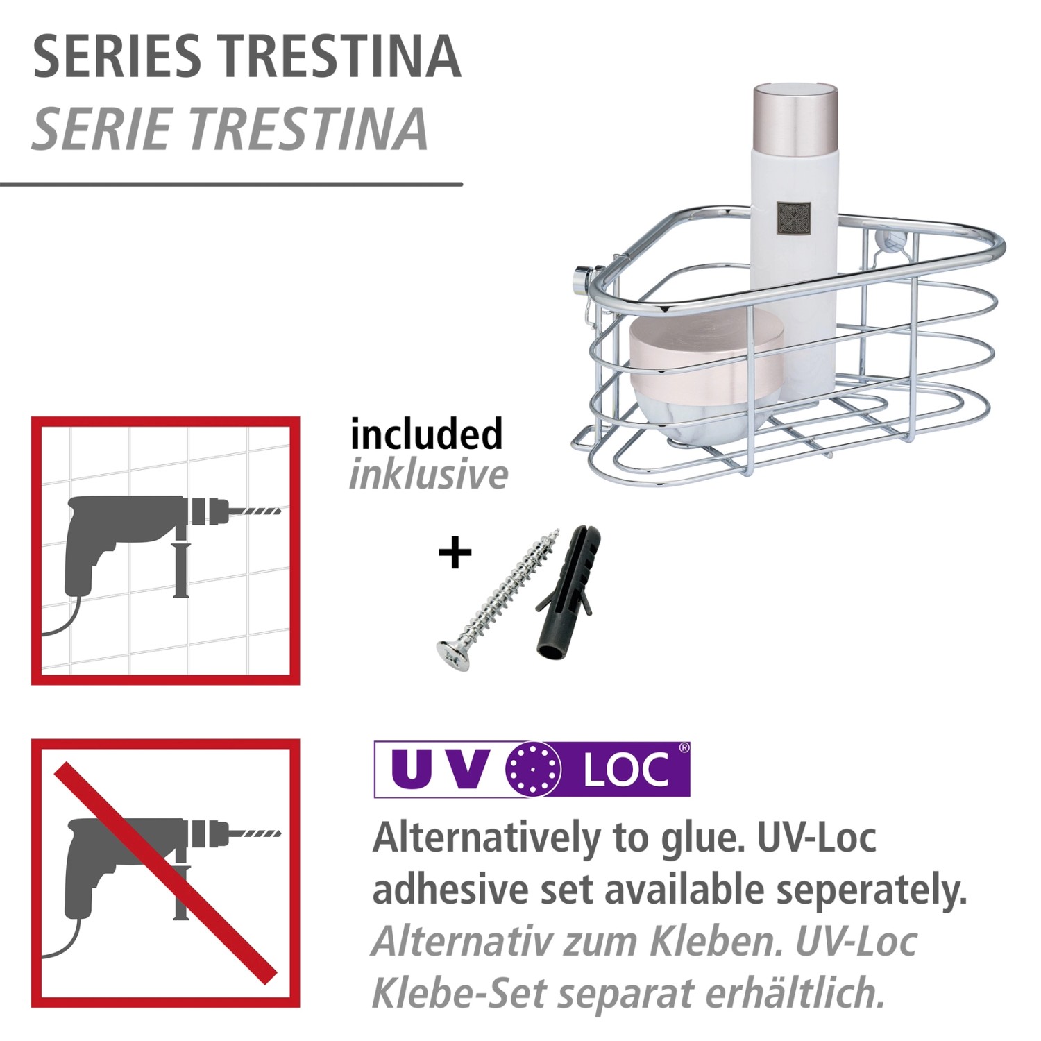 Wenko Eckablage Trestina aus Edelstahl, glänzend silberfarben, mit Schrauben und Dübeln.