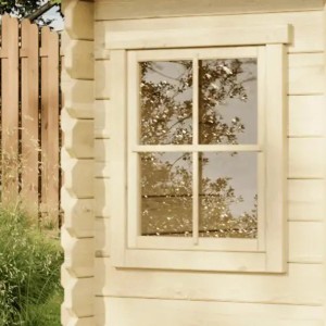 Detailansicht Fenster des Alpholz 5-Eck Gartenhaus Sunny-A Natur, imprägniert.