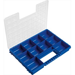 Blauer LUX Sortierkasten mit 11 Fächern und transparentem Deckel. Ideal für Aufbewahrungssysteme.