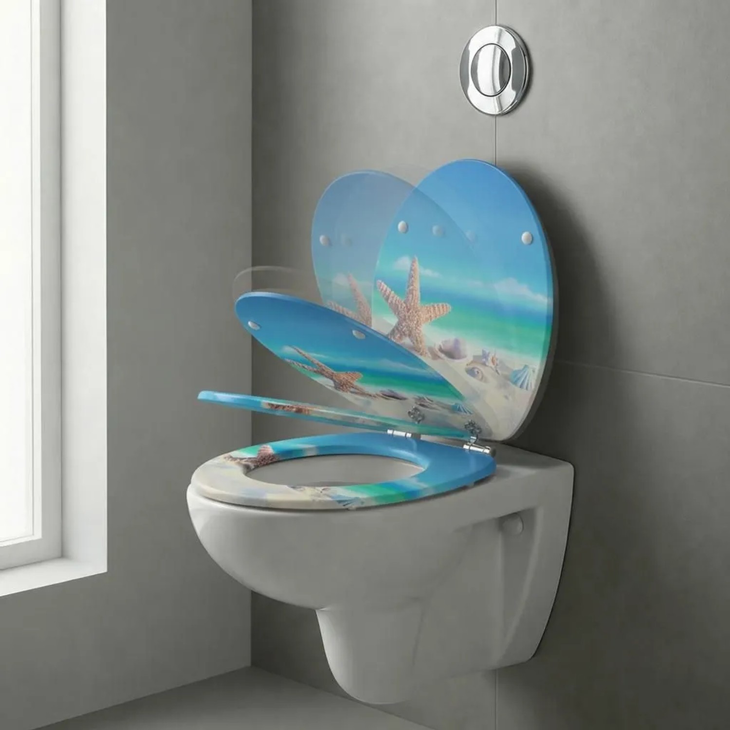 Sinobath WC-Sitz mit Absenk-Automatik, blaues Strand-Design mit Seesternen auf Toilette.