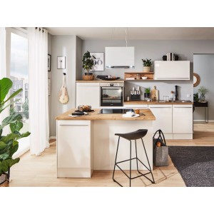 Respekta Inselküche Gabriel, 290 cm, Weiß Hochglanz mit Kochinsel, Elektrogeräten und Holzarbeitsplatte.