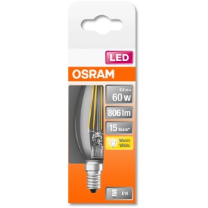 Osram LED-Leuchtmittel E14 Kerzenform, 5,5W, warmweiß, in Verpackung.