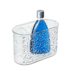 Transparente Wenko Universalablage Blumen mit blauem Duschgel. Ideal für Bad und Küche.
