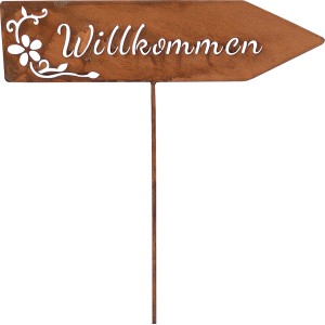 Rostfarbener Gartenstecker Wegweiser „Willkommen“, 115 cm, aus Metall für die Gartendekoration.