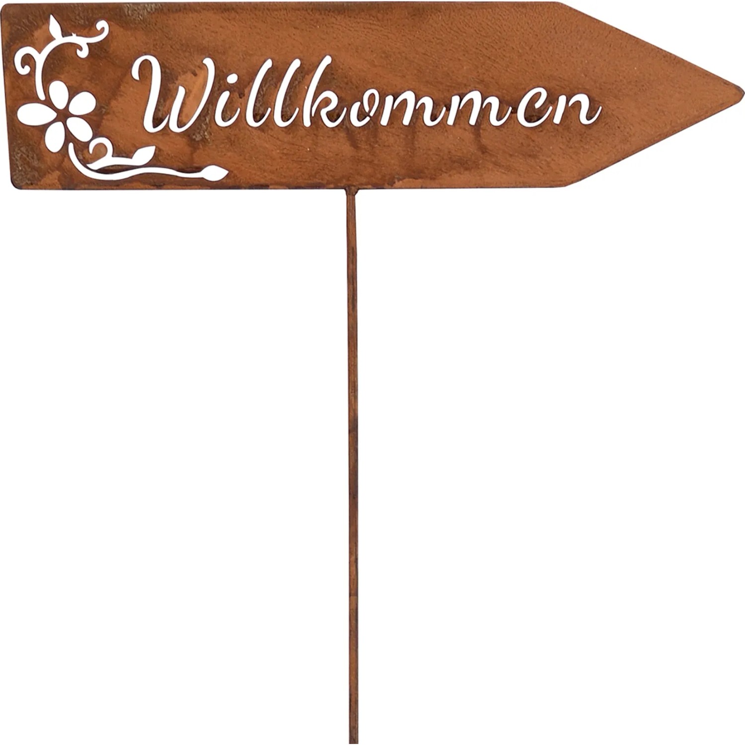 Rostfarbener Gartenstecker Wegweiser „Willkommen“, 115 cm, aus Metall für die Gartendekoration.