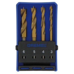 Dremel Holz-Bohrerset 636 mit 4 Bohrern (3-6 mm) im blauen Setkasten.