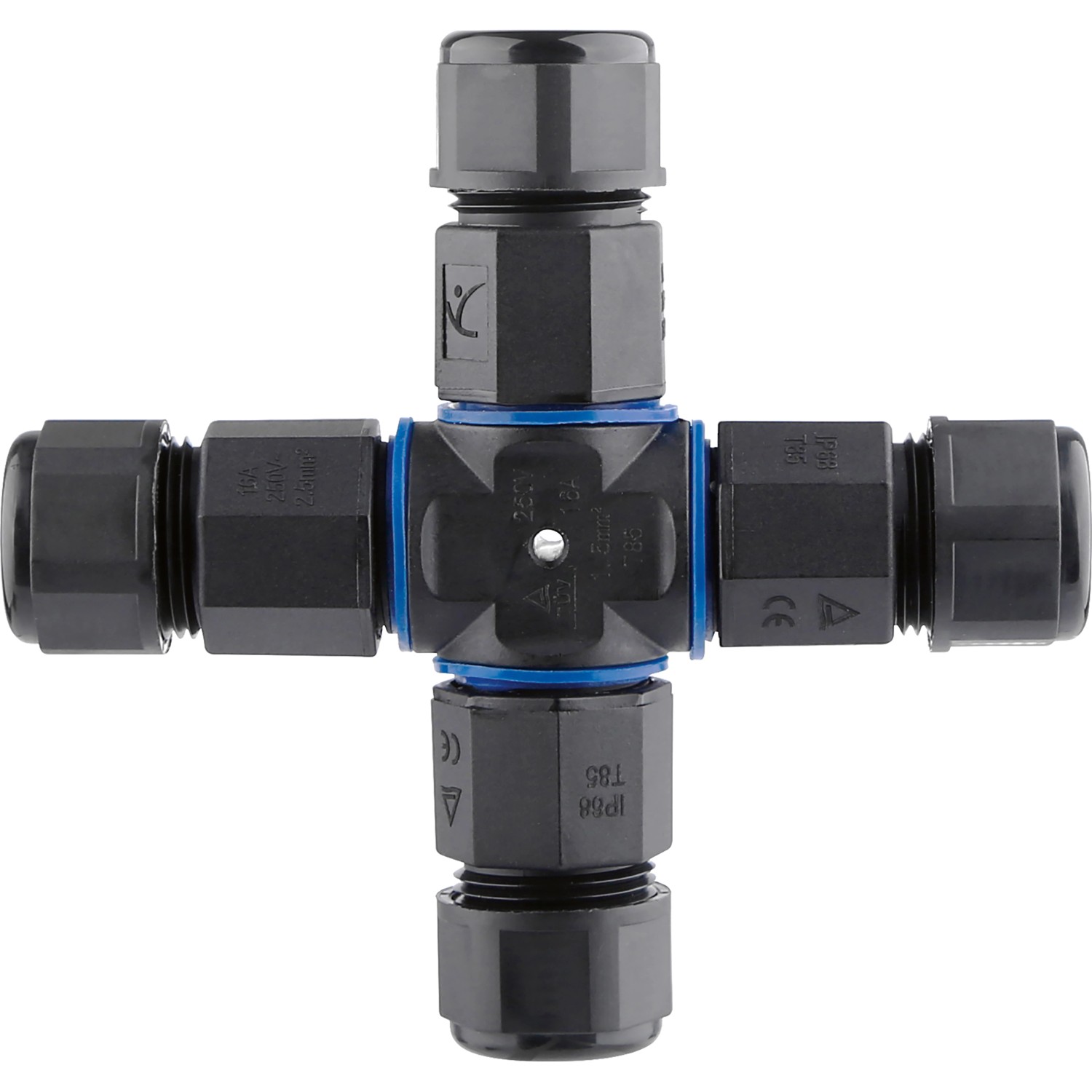 Schwarzer, wasserdichter 4-fach Stecker IP68 für Kabel von 0,75-1,5 mm².