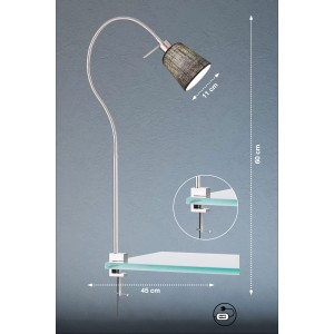 Fischer & Honsel Klemmleuchte Jam, nickelfarben mit grauem Stoffschirm. Flexibel einsetzbar.