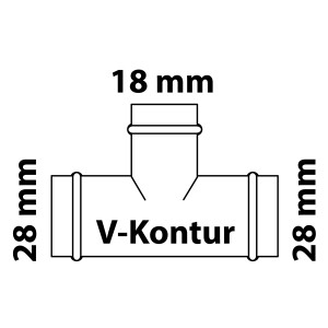 Abbildung eines CU-Reduzier-T-Stücks 28x18x28 mm, blank, für Pressfittings.