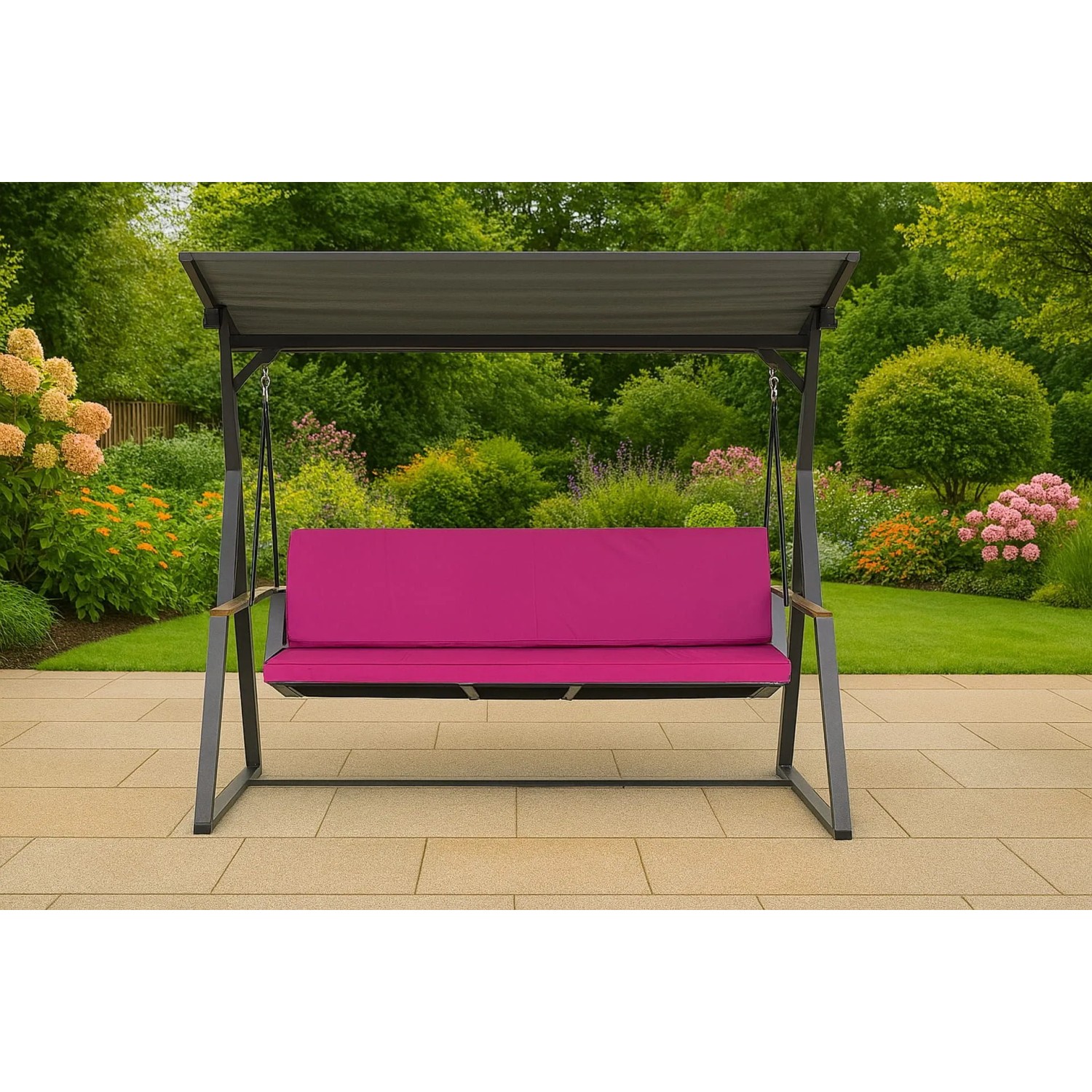 Hollywoodschaukel mit rosefarbenem Polster-Set (170x60x50cm) für 3 Sitzer. Abnehmbarer, waschbarer Bezug.