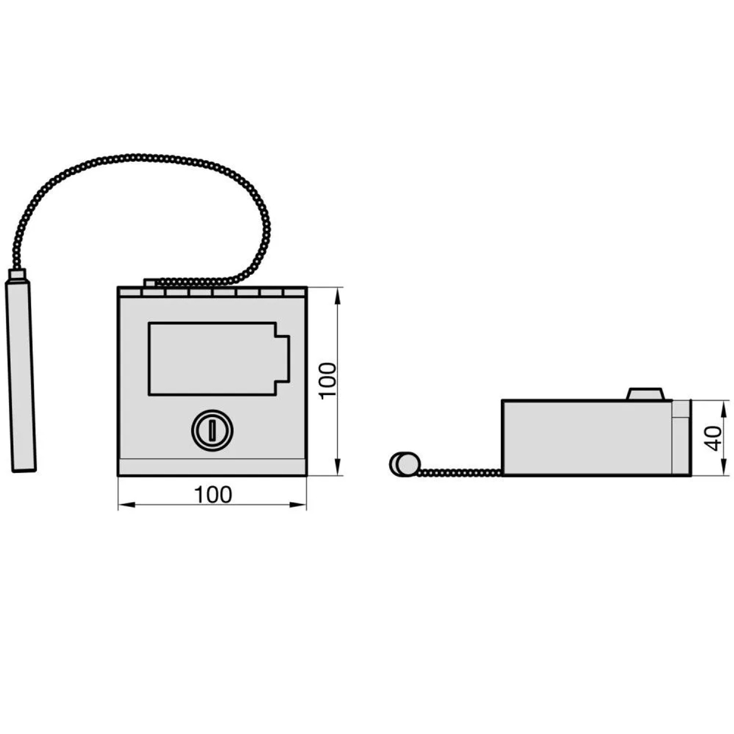 Technische Zeichnung Basi Notschlüsselkasten NK 215H mit Maßen 100x100x40 mm.