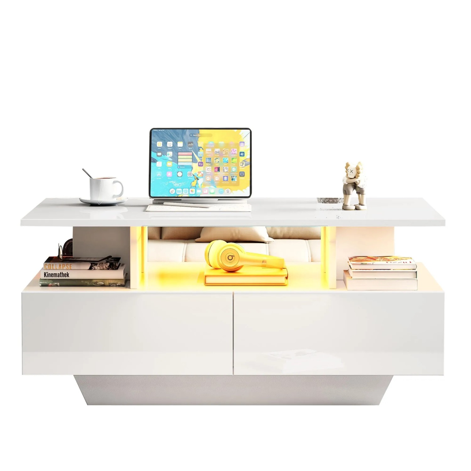 okwish Couchtisch mit LED 2 Schubladen Stauraum 90x55x41cm Hochglanz Weiß_9