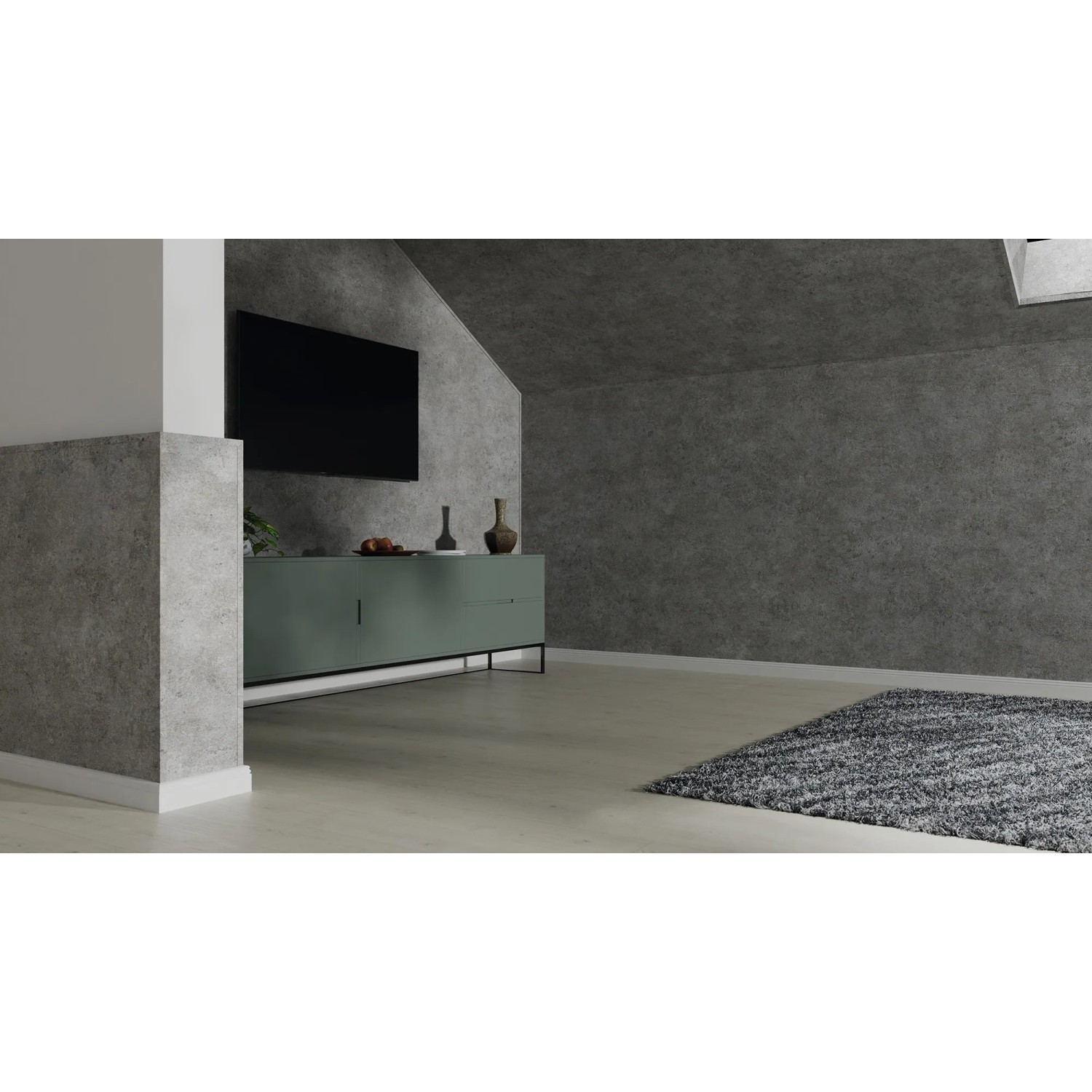 Raum mit Egger Decowall Faltleiste FL003 Rovigo Beton als Wandverkleidung.