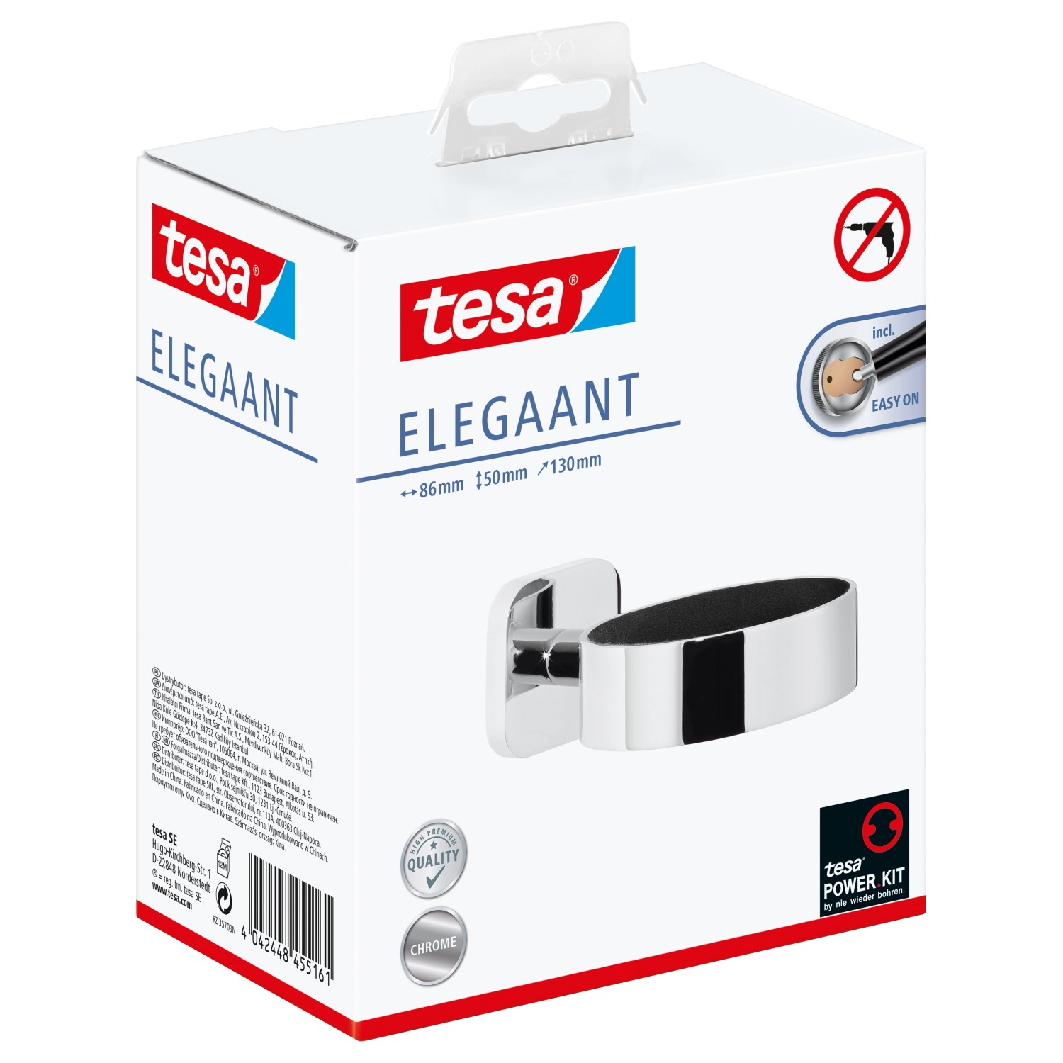 Verpackung des Tesa Elegaant Fönhalters in Chrom, zur Wandmontage ohne Bohren.