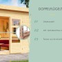 Detailansicht: Doppelflügeltür des unbehandelten Karibu Holz-Gartenhauses Karlskoga mit Zylinderschloss und Kunstglasfenstern.