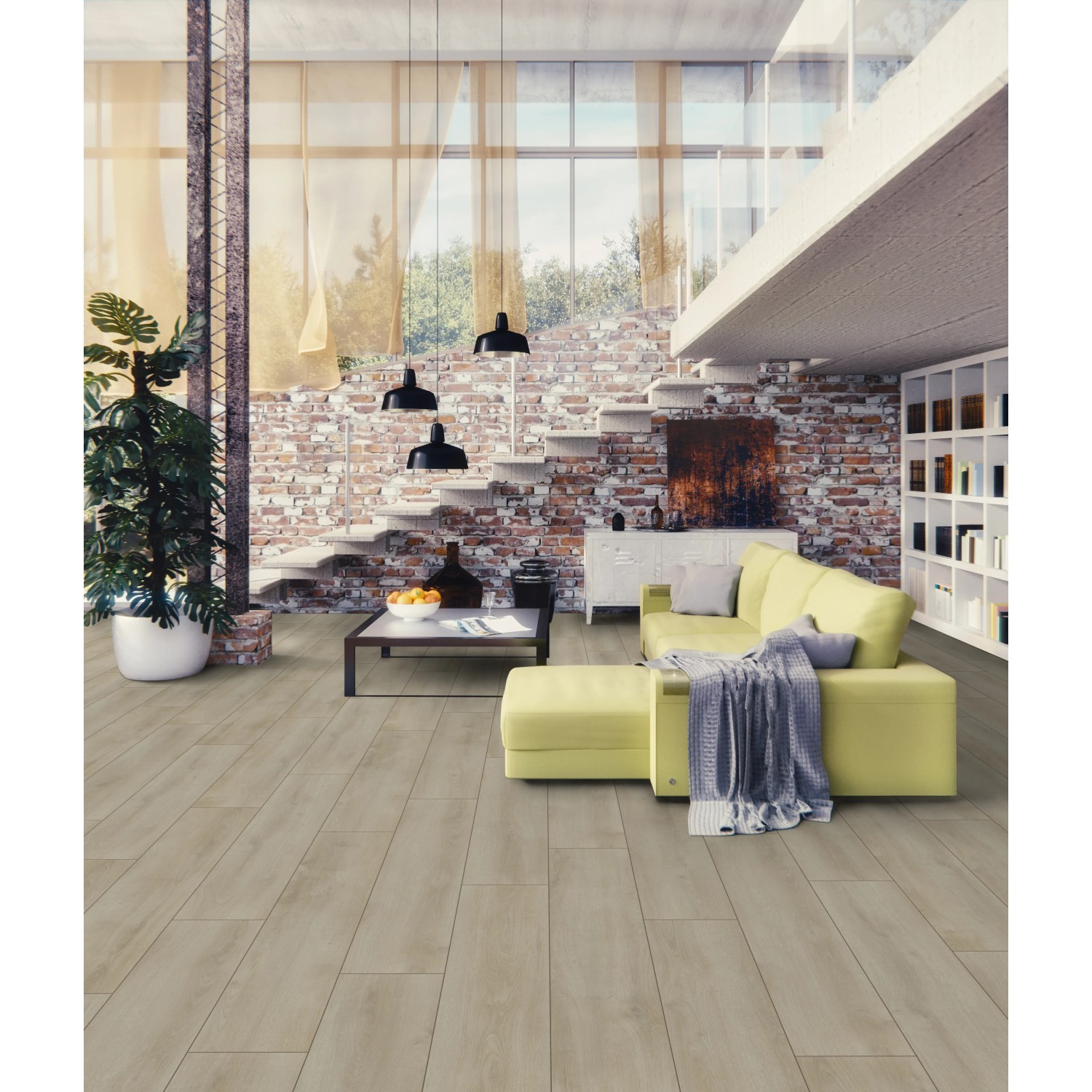 Swiss Krono Laminatmuster Sommer Eiche Beige im Wohnraum. Laminat in Holzoptik, beige.