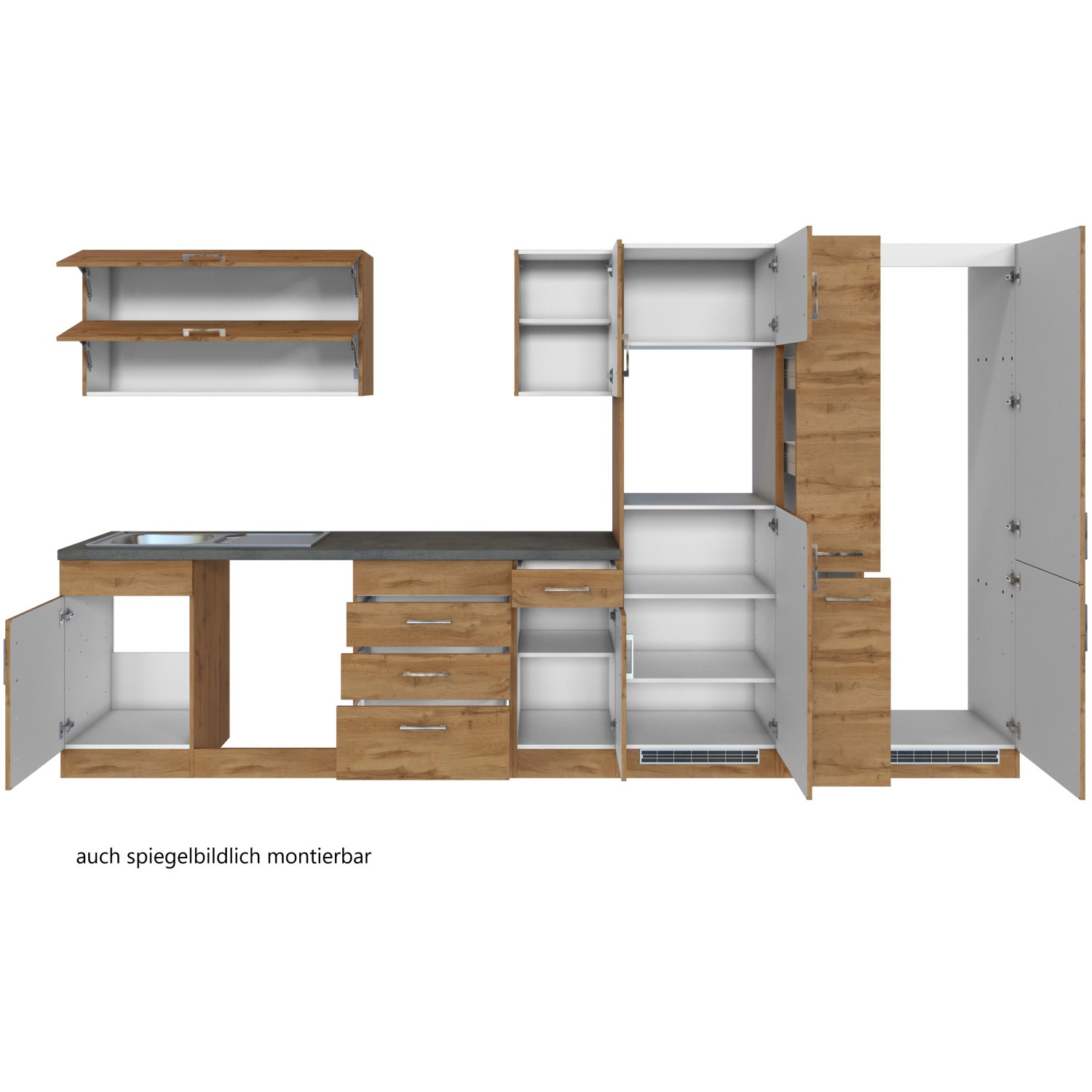 Held Möbel Küchenzeile Sorrento 360 cm in Wotaneiche Optik, ohne Elektrogeräte.