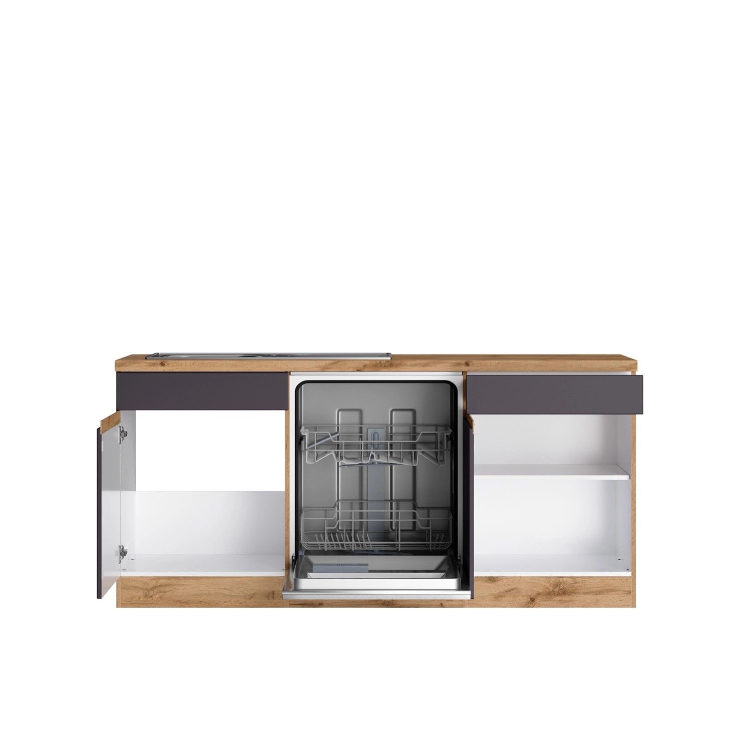 Winkelküche Turin in Graphit-Wotaneiche mit geöffnetem Geschirrspüler und offenen Schranktüren.