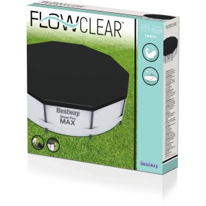 Verpackung der schwarzen Bestway PVC-Abdeckplane für runde Pools mit Ø 305 cm.