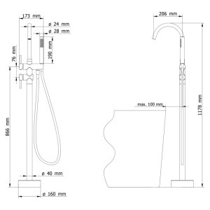 Technische Zeichnung der Ottofond freistehenden Wannenarmatur STA6003 Schwarz-matt mit Handbrause und Maßen.