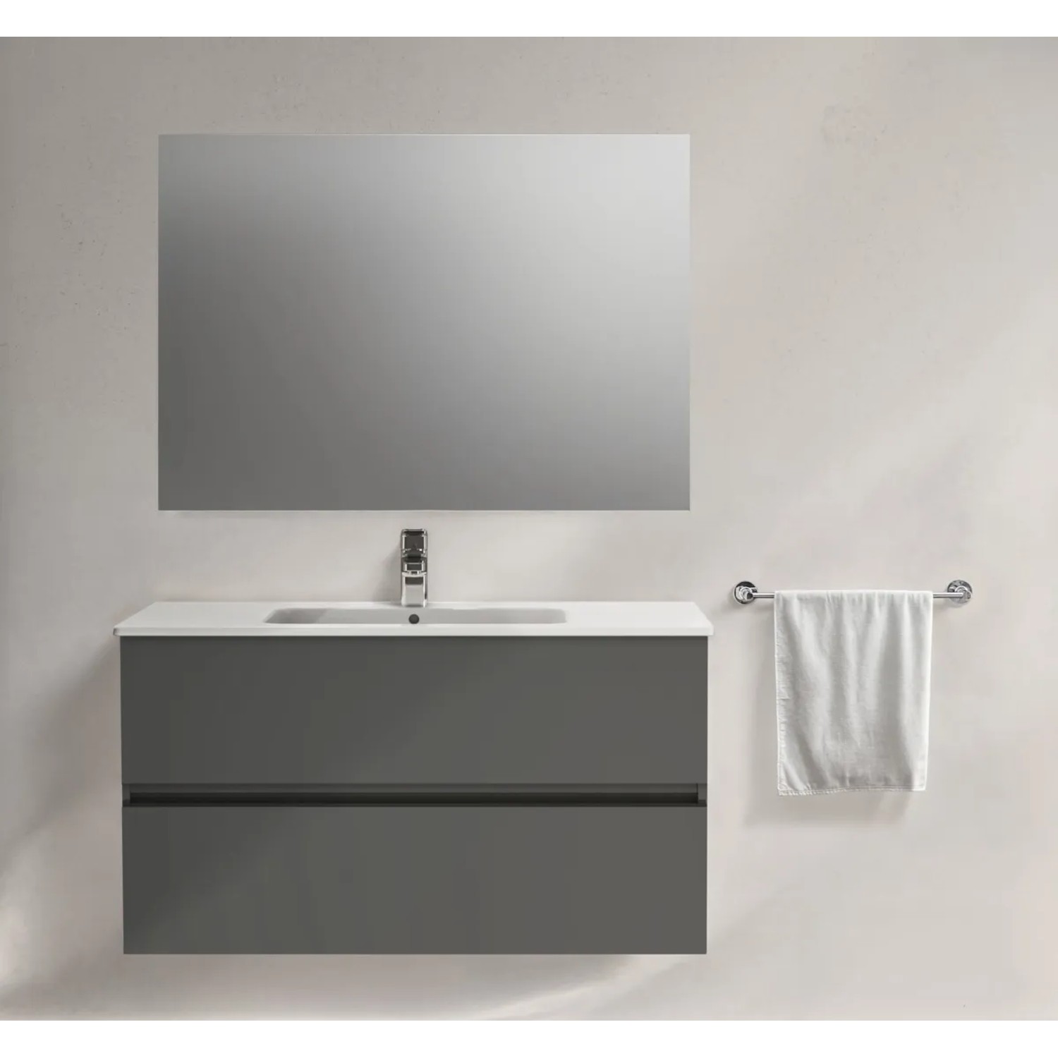 Ideal Standard Badmöbel-Set Eurovit+ mit grauem Unterschrank, Waschtisch und Spiegel.