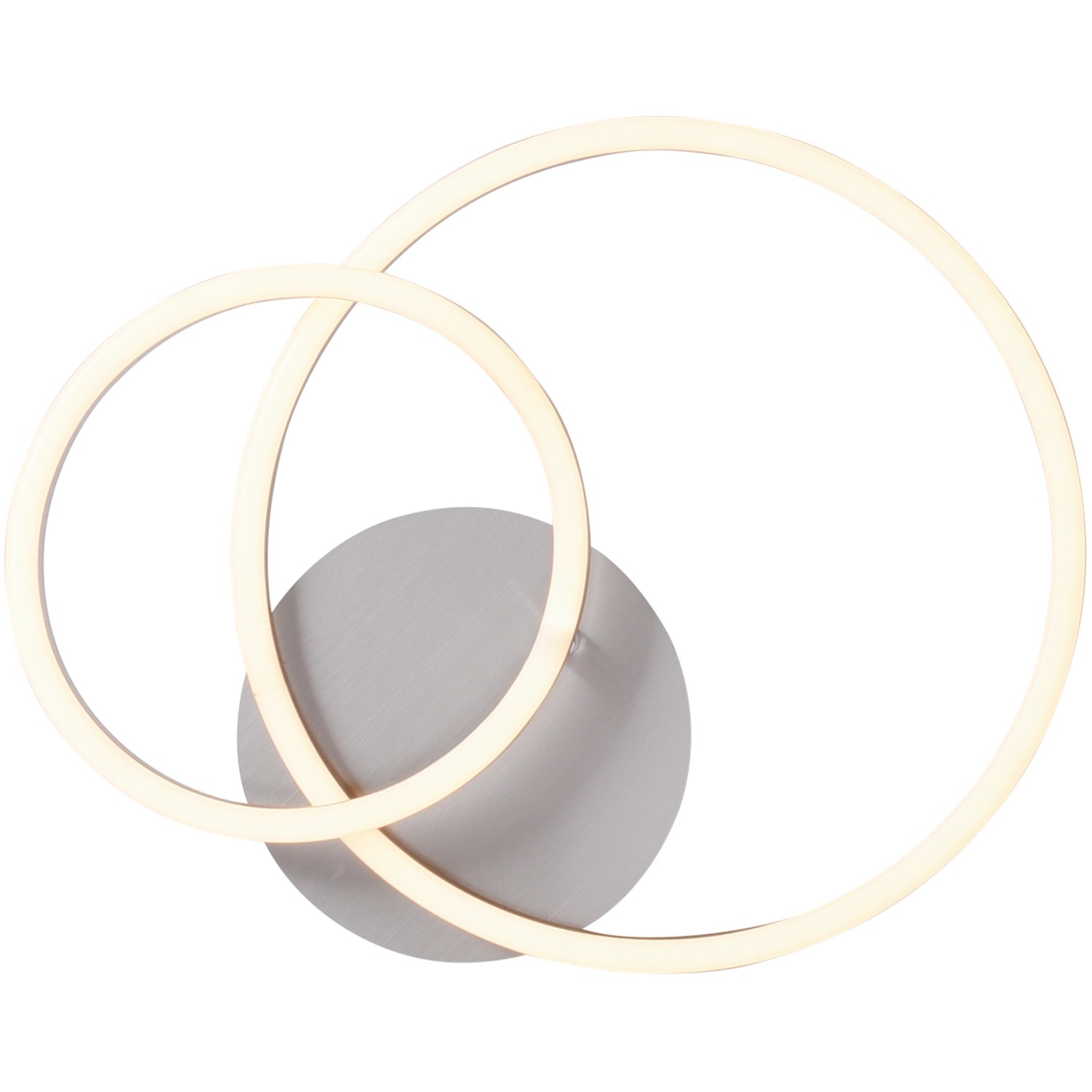 Moderne LED-Deckenleuchte Ivanka von Just Light mit zwei verschlungenen Ringen und runder, grauer Basis.