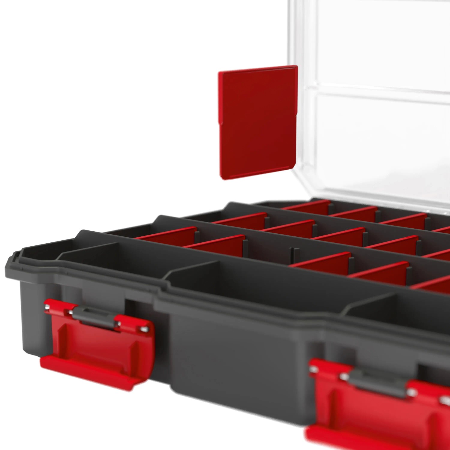 Qbrick Regular Compact Organizer Set 1, schwarze Aufbewahrungsbox mit roten Fächern und transparentem Deckel.