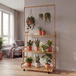 MCW Bambus Pflanzenregal mit 3 Ablagen, Stange und Rollen, 175x93x38cm.