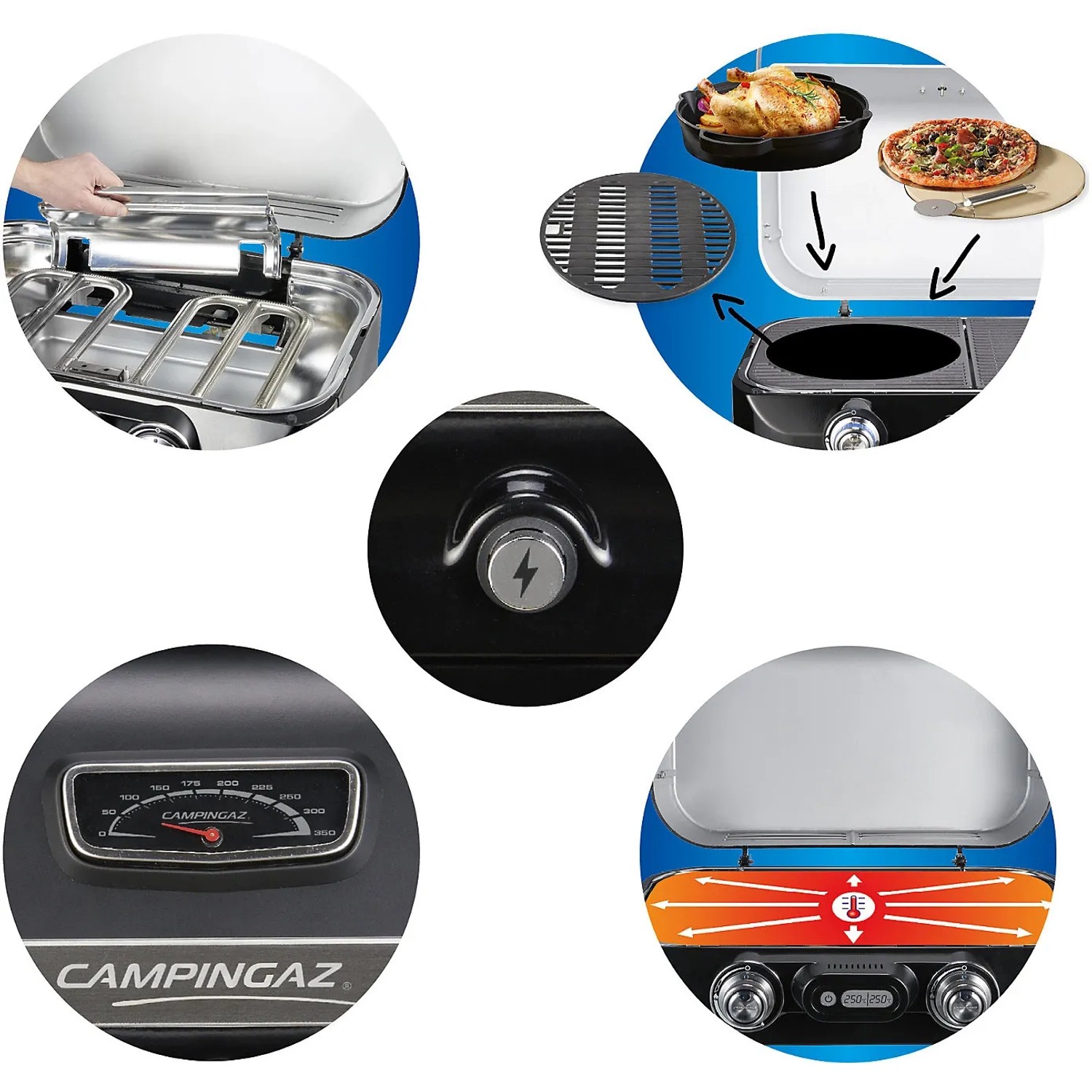 Details des Campingaz Gas-Tischgrills Attitude 2100 LX: Zündung, Thermometer, Modular Rost.