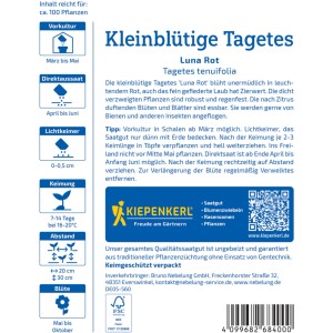 Kiepenkerl Saatgut Kleinblütige Tagetes Luna Rot: Verpackung mit Infos zu Aussaat und Blütezeit.