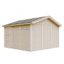 Timbela Garage Premium M990B aus Holz, naturbelassen, mit Tür und Dachpappe.