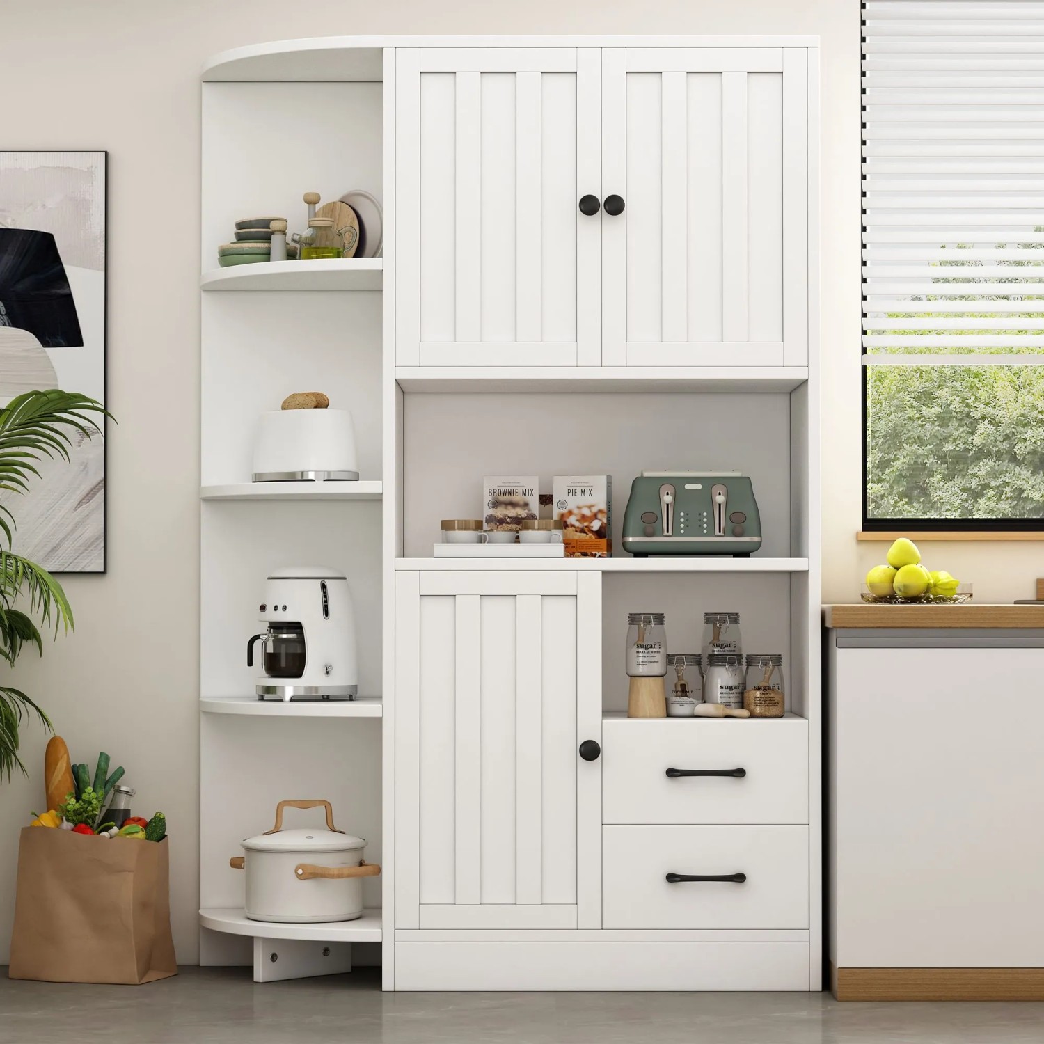 okwish Eckschrank mit Schränken Schubladen Ablagen Wohnzimmer 104x35x155cm Weiß_3