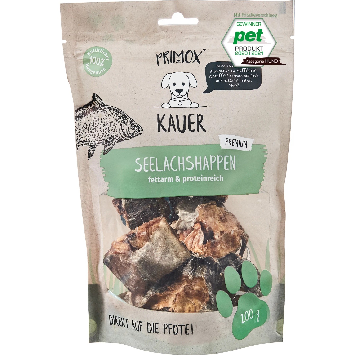 Primox Kauer Premium Seelachshappen, 200g. Getrocknete Hunde-Natursnacks aus Seelachs, fettarm und proteinreich.