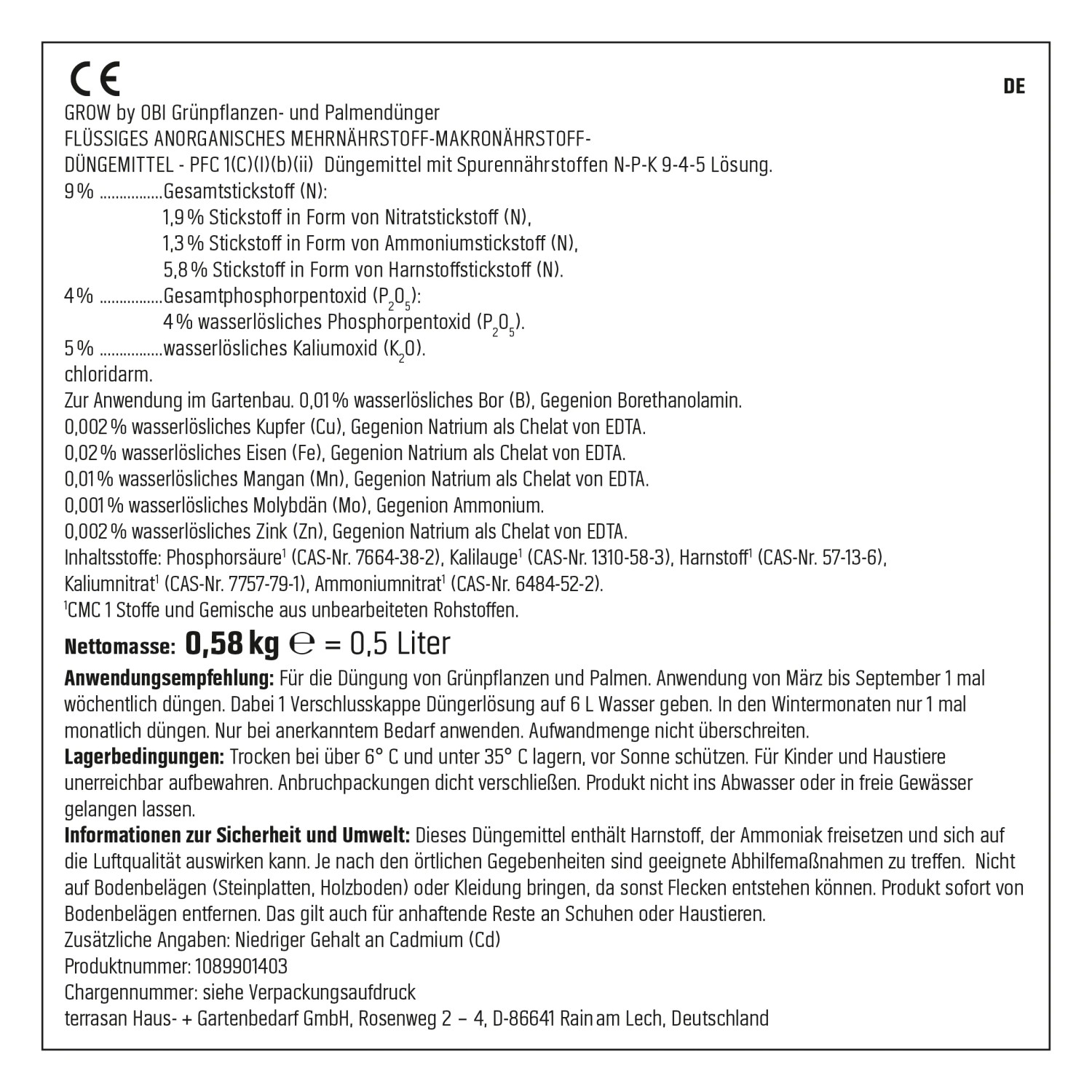 Detailansicht der Inhaltsangabe von GROW by OBI Grünpflanzen- und Palmen-Dünger, 500 ml.